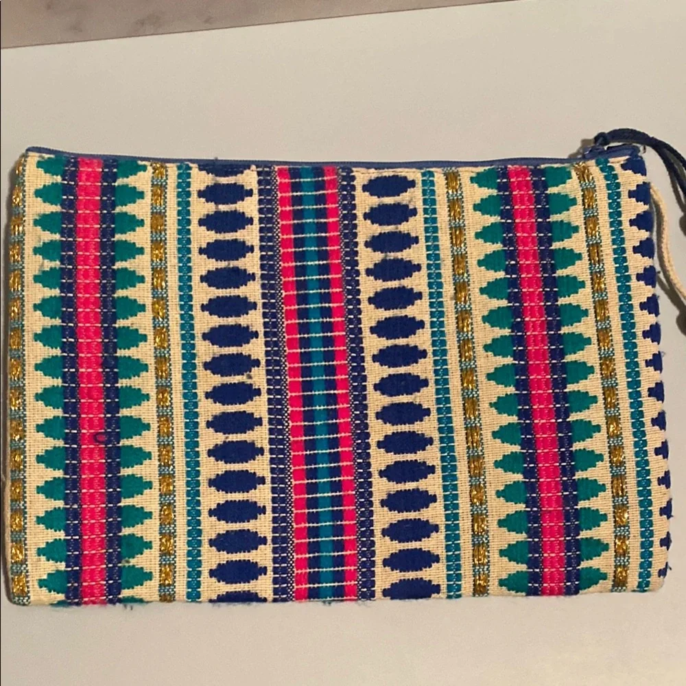 Colorful Patterned Clutch Pouch with Zipper and Tassel detail